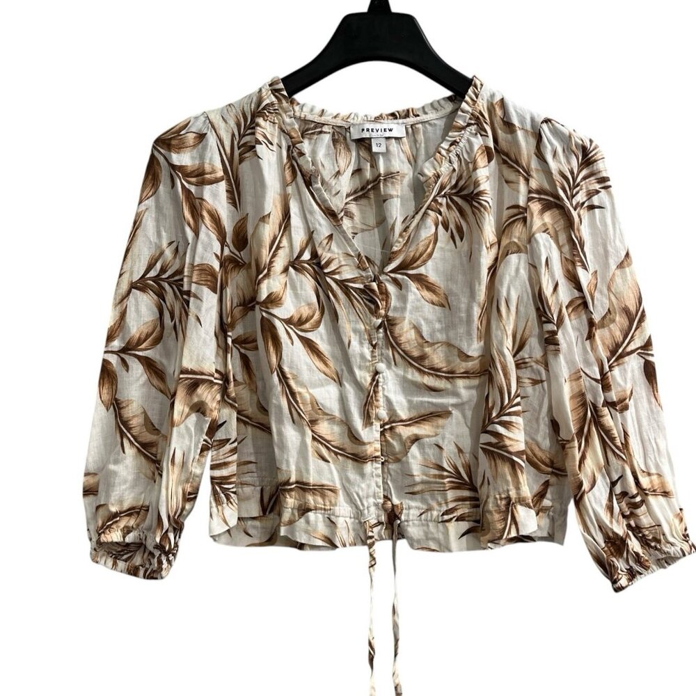 Preview Top Womens 12 White Brown Floral Linen Cropped Button Down Coastal Beach